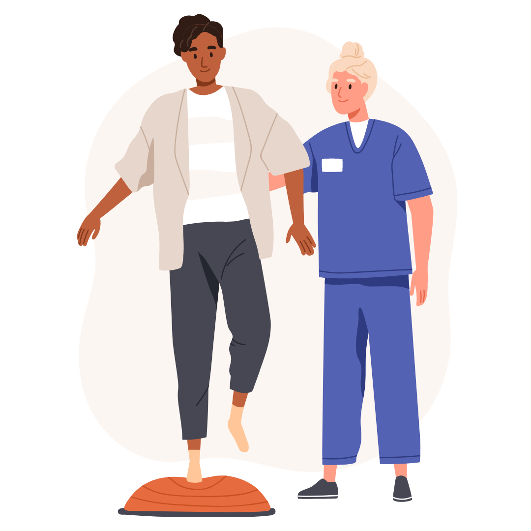 Alt="Physiotherapie Hamburg: Karikatur eines Patienten beim Balancetraining mit Physiotherapeut"