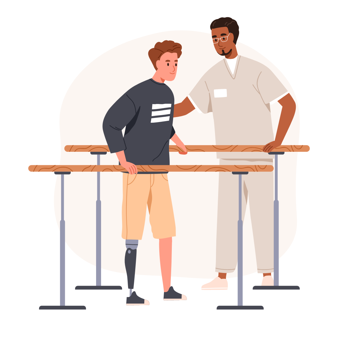 Alt="Physiotherapie Hamburg: Junger Patient mit mechanischem Bein beim Reha-Training mit Physiotherapeut"