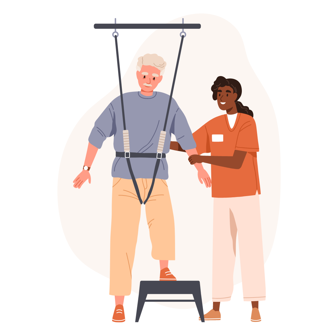 Alt="Physiotherapie Hamburg: Senior trainiert im gurtartigen Gerät mit Physiotherapeutin zur Steigerung der Lebensqualität"