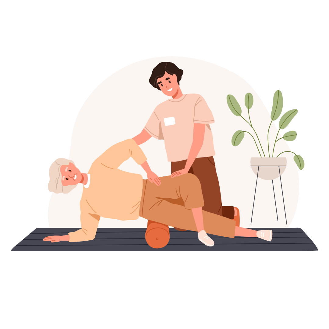 Alt="Physiotherapie Hamburg: Seniorin trainiert auf Faszienrolle mit Unterstützung eines Physiotherapeuten"